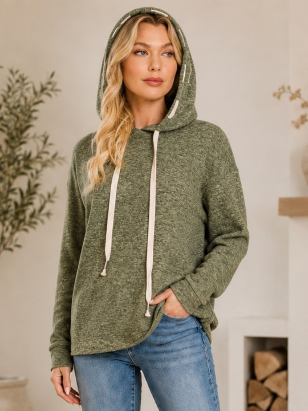756. Women’s Olive Soft & Stretchy Hacci Pullover Hoodie NEW - Picture 1 of 1